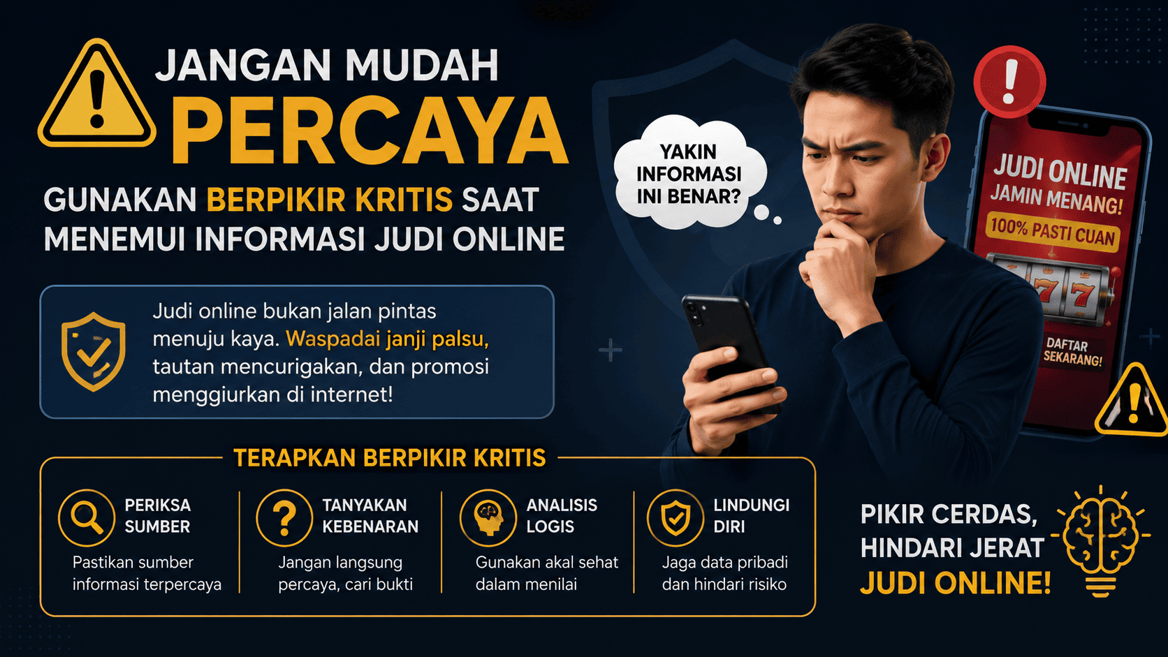 Jangan Mudah Percaya, Gunakan Berpikir Kritis Saat Menemui Informasi Judi Online.